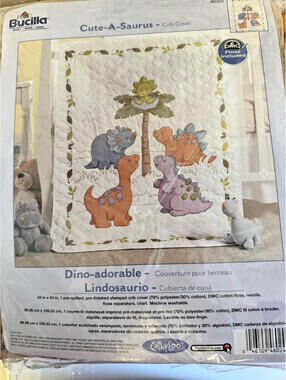 Cross-stitch kit titled 'Cute-A-Saurus' by Bucilla, Crib Baby Quilt 34"x43"